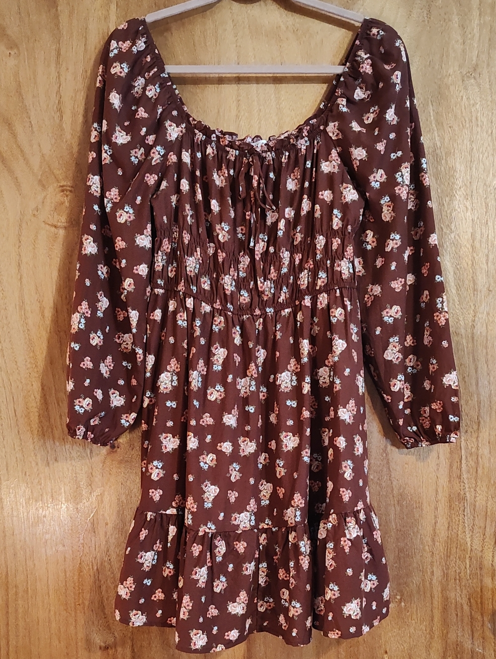 Celebrity Pink Puff Sleeve Babydoll Dress Vintage Bloom Brown Coral Smocked Med - Picture 2 of 15